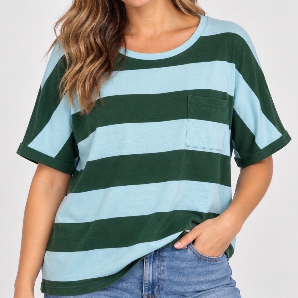 T by Talbots Medium Green Blue Striped Oversized Boxy Top Cotton Modal Pocket